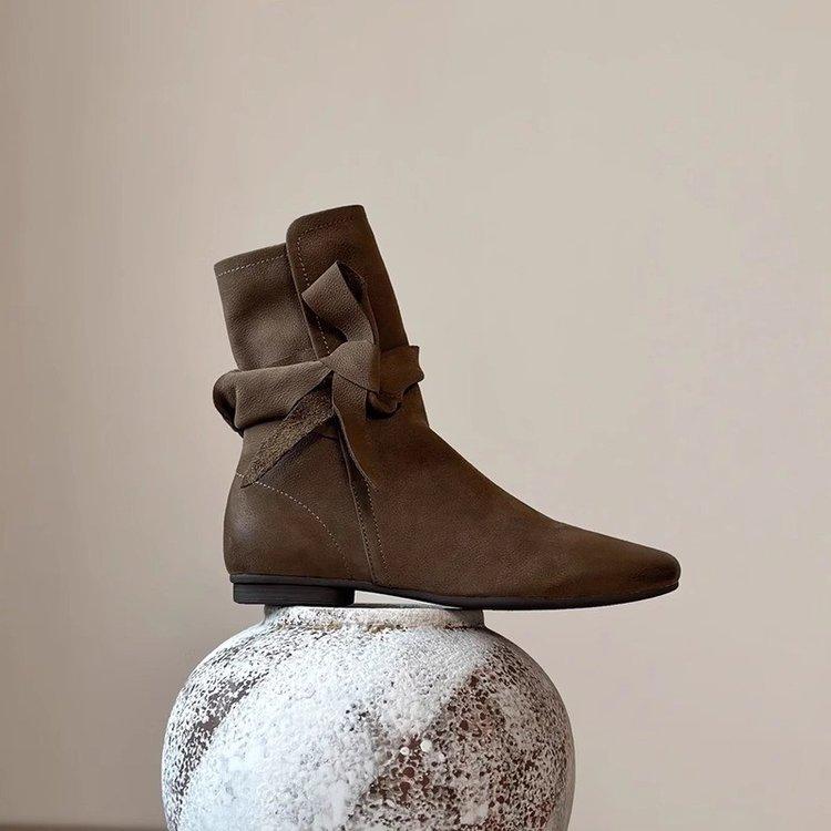 Vintage Design Bow Tie Short Boots Soft Sole Non-Slip Chelsea Boots French Black Flat Suede Botas Casual Comfort Women's Shoes