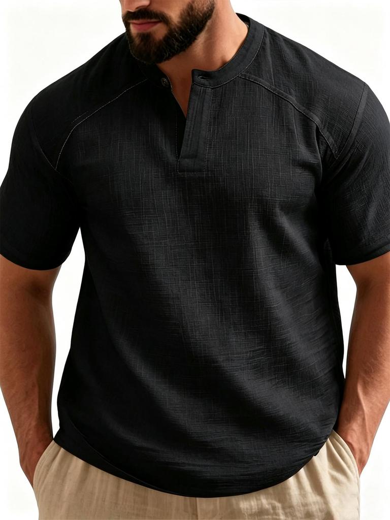 Мужская футболка-henley с коротким рукавом, смесовая ткань хлопок и лен, рукав реглан, воротник-стойка, повседневная летняя футболка для отпуска