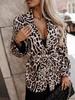 2024 Autumn Women's Leopard Print Tie-Waist Suit Collar Long Sleeve Coat - European & American Style