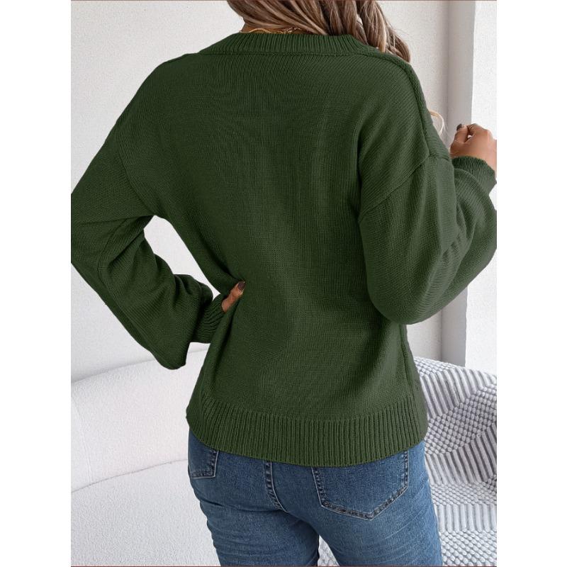 Women's Autumn and Winter Solid Color V-neck Button Twist Lantern Sleeve Pullover Sweater