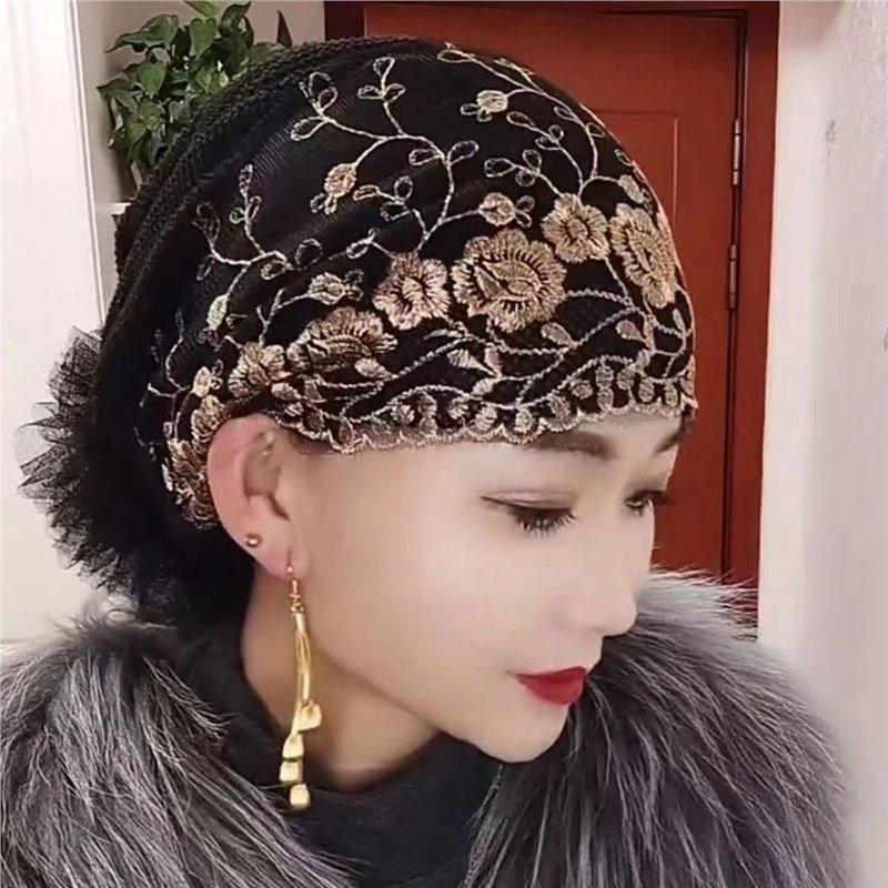 Breathable Floral Embroidery Lace Turban Cap for Women