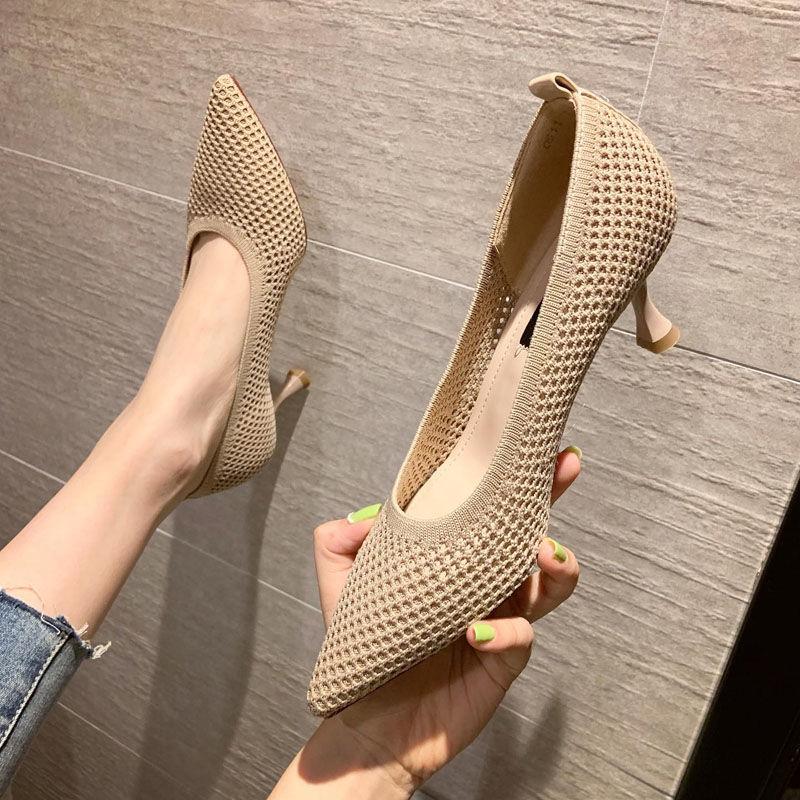 Women Pumps Summer Comfortable Triangle Heeled Party Shoes Stiletto Sexy Single Shoes Flying Woven Mesh Breathable Women Shoes