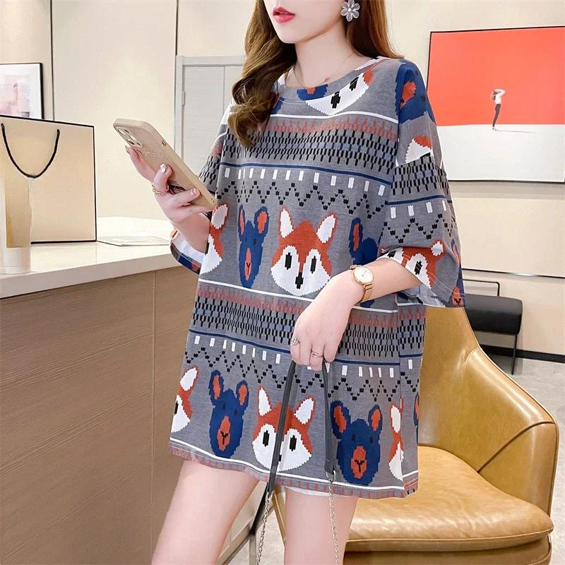 Летняя винтажная футболка с принтом Мода Женская Оверсайз Графические Длинные Футболки Y2k Топы Харадзюку хип-хоп Уличная одежда молодежная