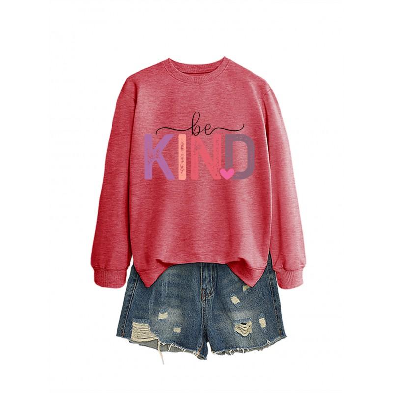 Womens Oversized Cotton Hoodie With Be Kind Cutout Letter Print Fall Winter Casual Sweatshirt