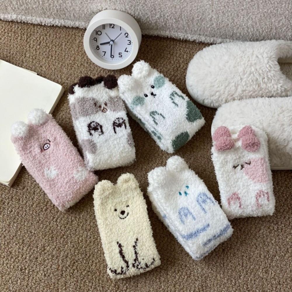 Soft Cute Animal Socks Breathable Winter Floor Socks Kitty Coral Fleece Socks Girls