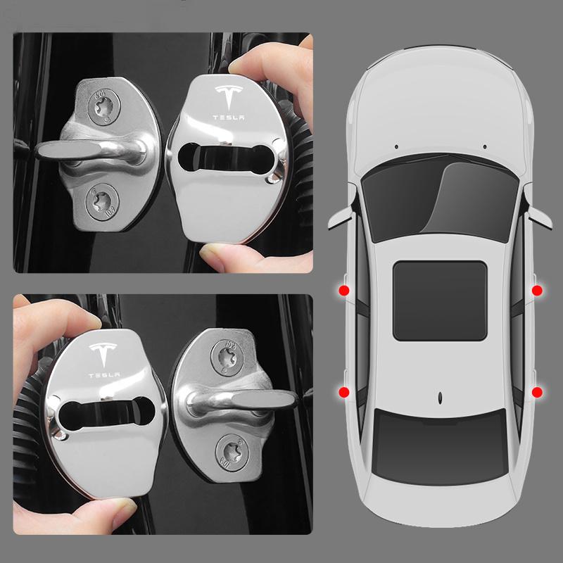 IASD9 4PCS Car Door Lock Protective Covers Stainless Steel Door Lock Cover For Tesla Model Y Model 3 2017-2023 / MODEL3 Highland 2024