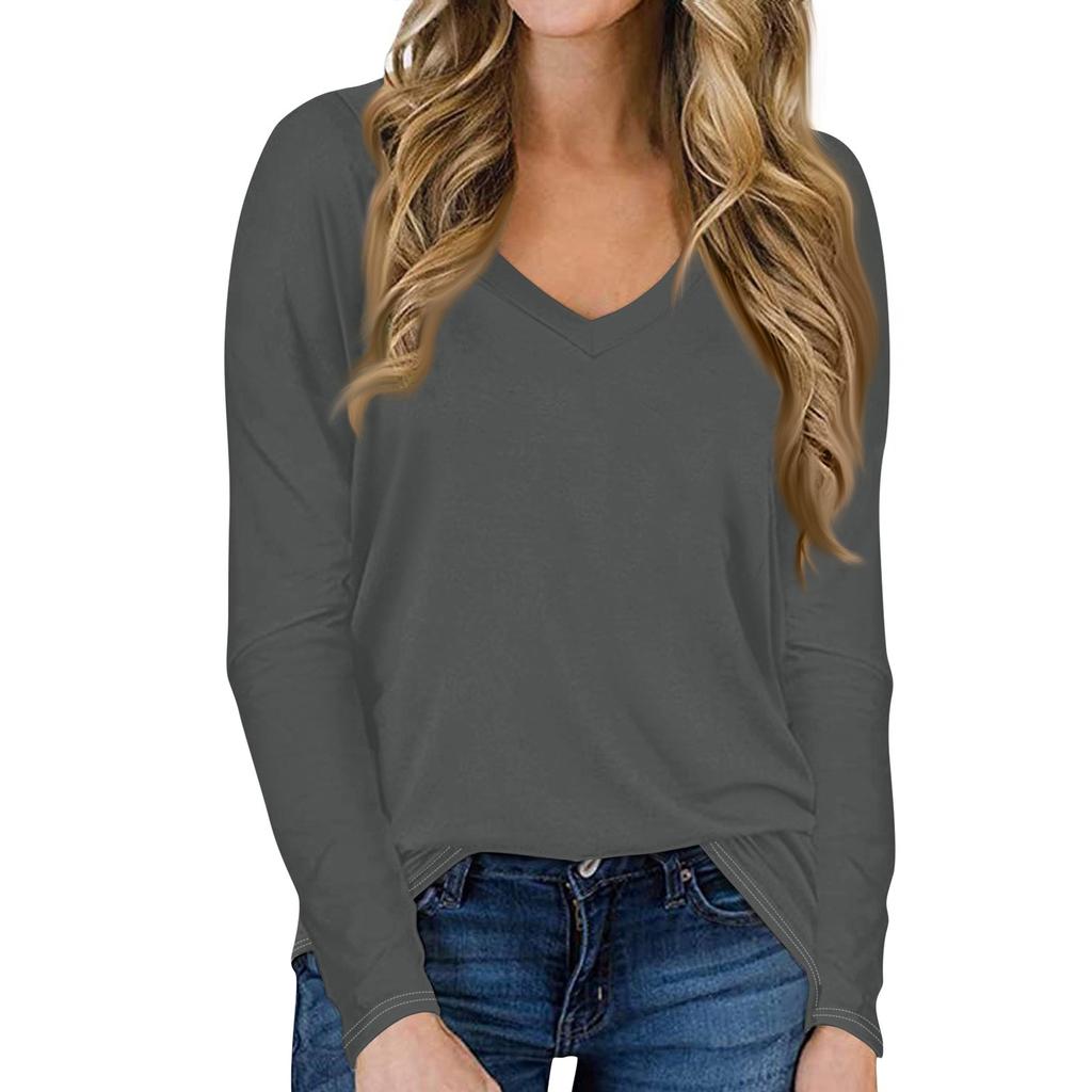 Женская повседневная однотонная футболка с длинными рукавами и V-образным вырезом, топ, пуловер