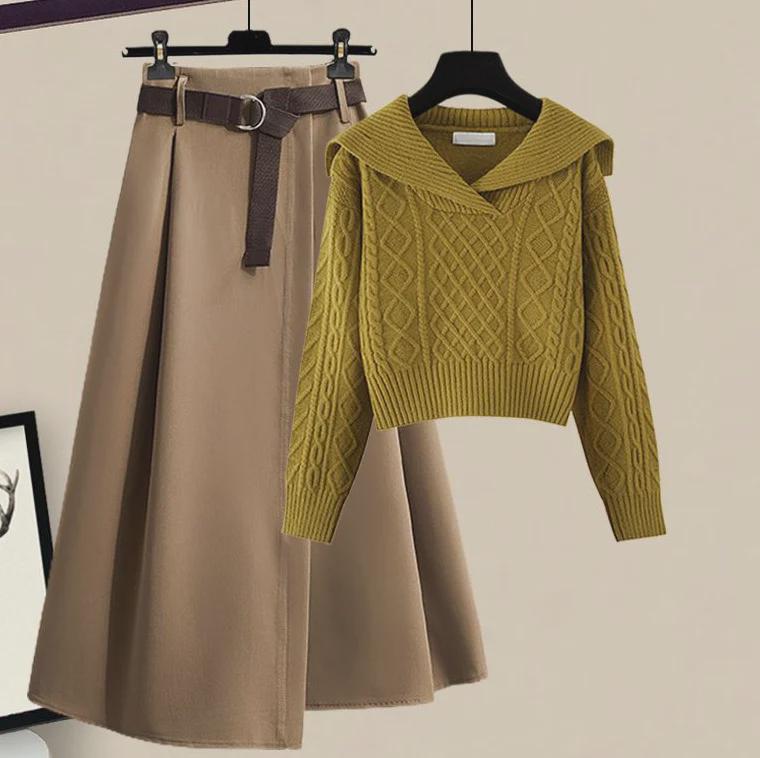 Комплект из свитера и юбки в японском стиле в стиле ретро с темно-синим воротником и ленивым узором - коллекция осень 2024 года.