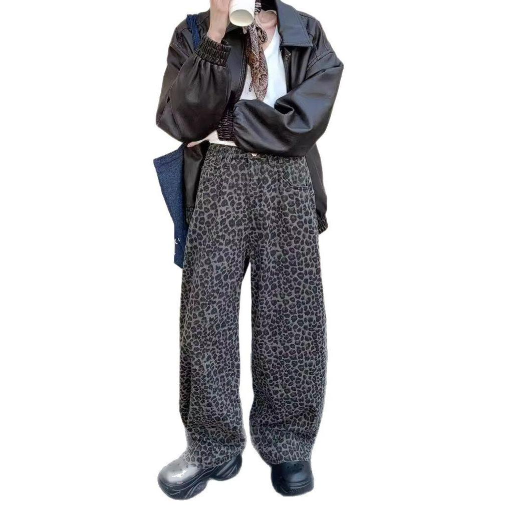 Unisex Leopard Print Jeans: Washed, Distressed, Straight-Leg, High Street Vibe for Spring & Autumn