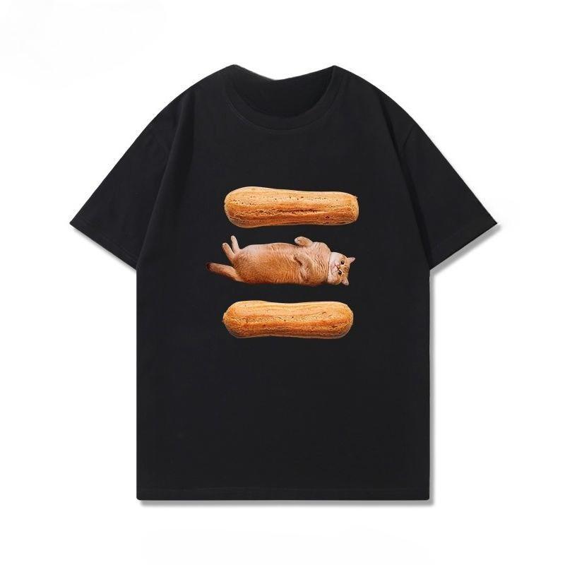 Cat Sandwich Pure Cotton Printed Unisexs and Womens Fashionable Short Sleeved New Personalized Casual Round Neck Tshirt
