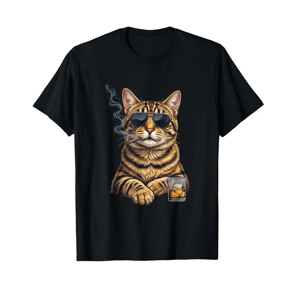 Lunettes De Soleil Humoristiques En Forme Chat Avec Cigares Et Whisky T Shirt Vintage Washed Casual Homme Comfortable