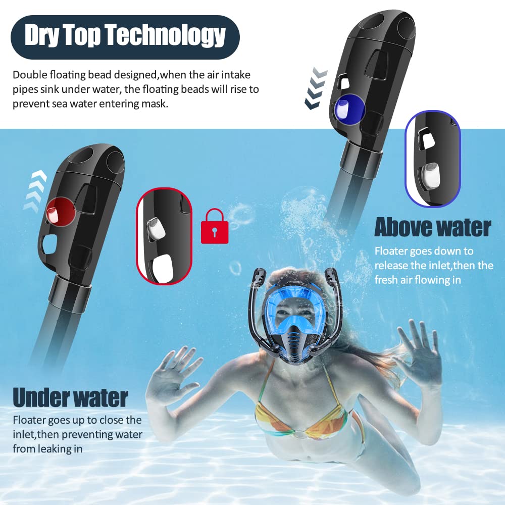 Double Tubes Full Face Snorkel Mask New Breathing Mode 180° Panoramic Anti-Fog Diving Mask Dry Top System for Adults Teenagers