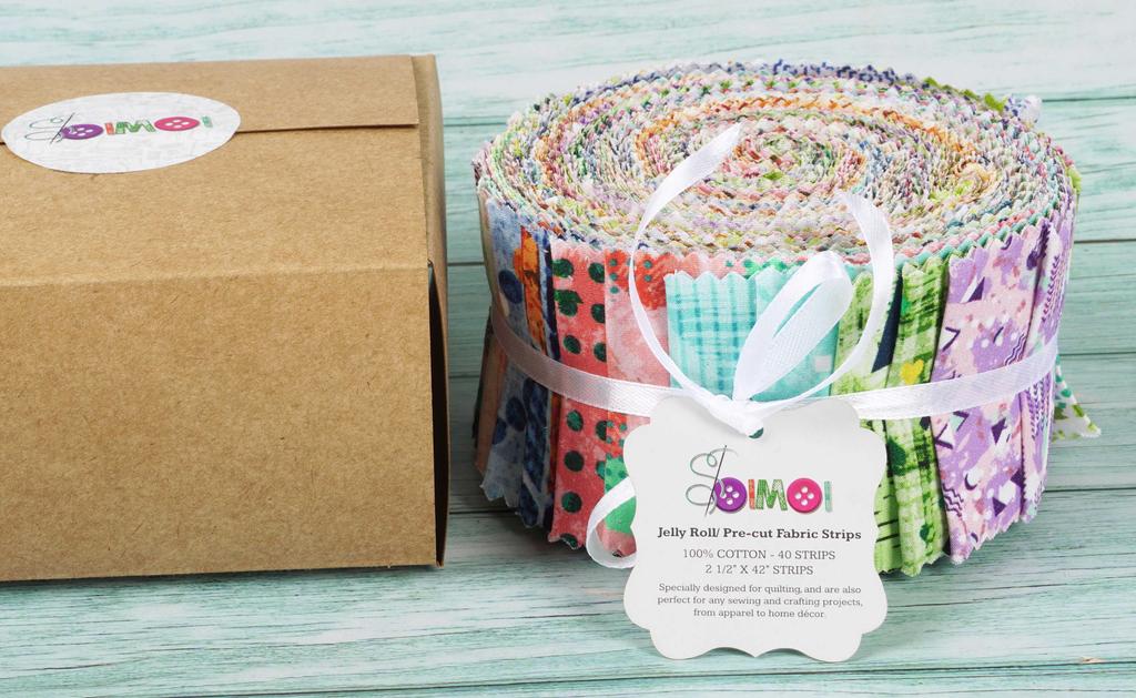 Soimoi 40Pcs Geometric & Texture Print Cotton Precut Fabrics For Quilting Craft Strips 2.5x42inches Jelly Roll -