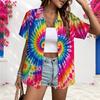 Women Casual Short Sleeve Button Up Shirt Rainbow Spiral Tie Dye Print Turn Down Collar Loose Summer Daily Vacation Blouse
