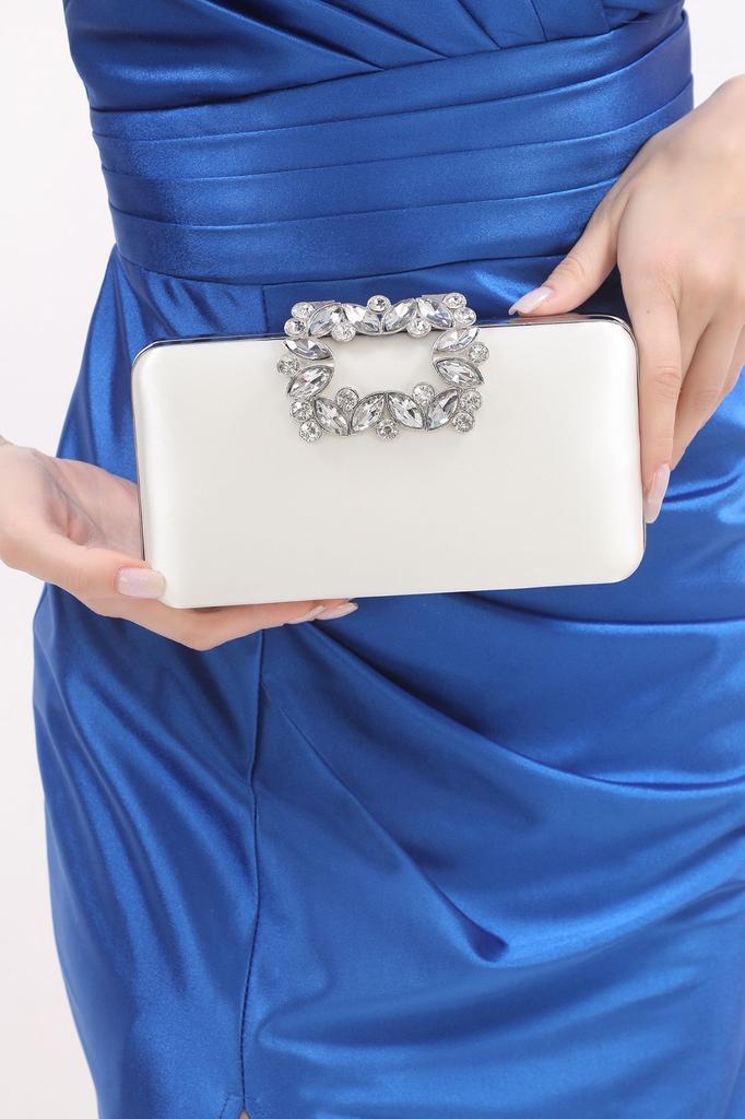 Women's Stylish and Useful Evening Dress Bag Pearl Color Satin Fabric Flower Motif Stoned Evening Dress Portfolio Clutch Evening Bag
