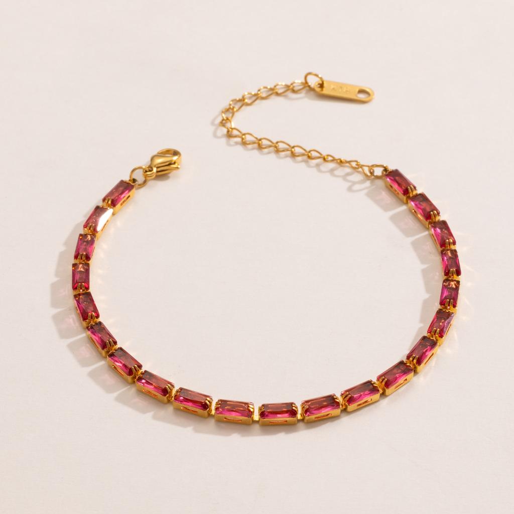 Luxury Baguette Birthstone Cubic Zirconia Bracelet for Women 18k Gold Plated Stainless Steel Tennis Bracelets Waterproof Jewelry