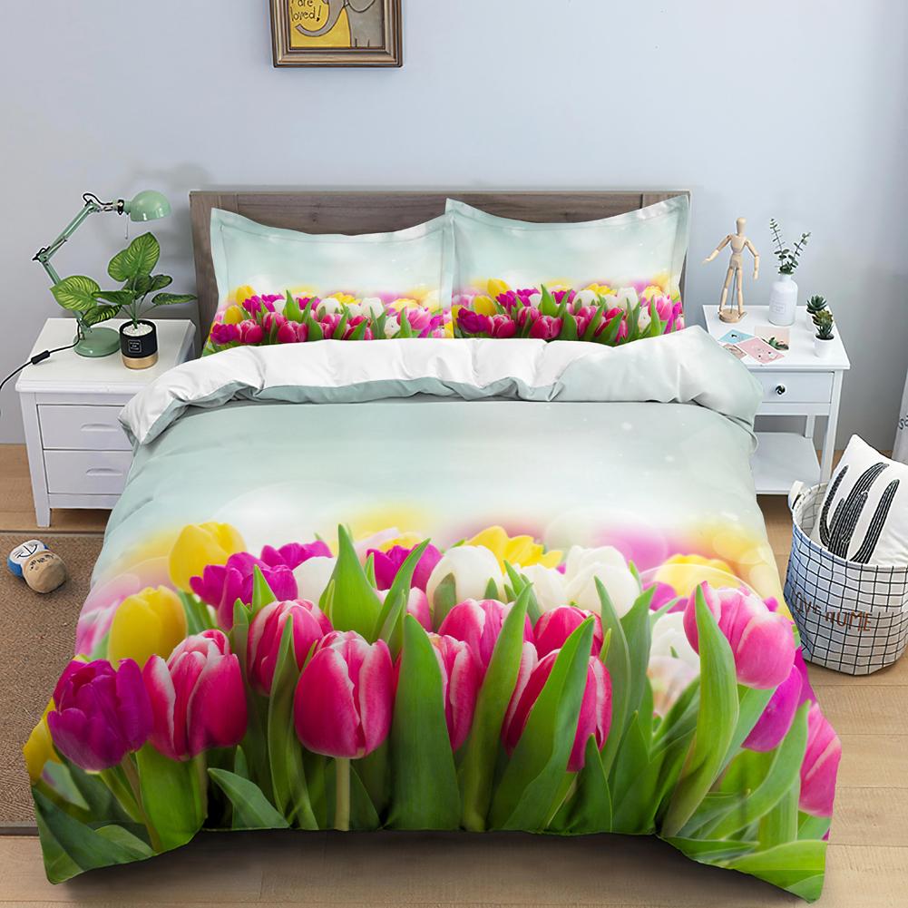 Luxury Bedding Set 3D Print Tulip Rose Print Duvet Cover Set Quilt Cover King Queen Size For Wedding Polyester Comforter Cover