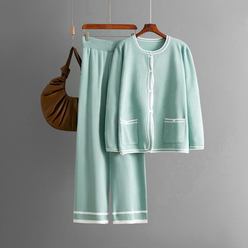 Модный комплект Женский осенне-зимний вязаный кардиган свитер повседневные брюки с широкими штанинами комплект из двух предметов