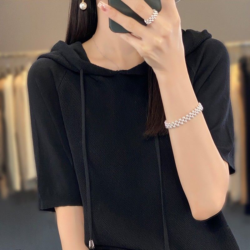 Ice Silk Hooded Short Sleeve Knitted T-Shirt Women's Hoodie Solid Color Wearing Hat Five Quarter Sleeve Thin Hoodie