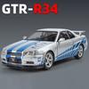 1:24 Полномасштабная модель автомобиля GTR R34 с четырьмя колесами, амортизирующим рулевым управлением, четырьмя дверями, литой под давлением, со звуком и светом, инерционная модель, игрушечный подарок для мальчика