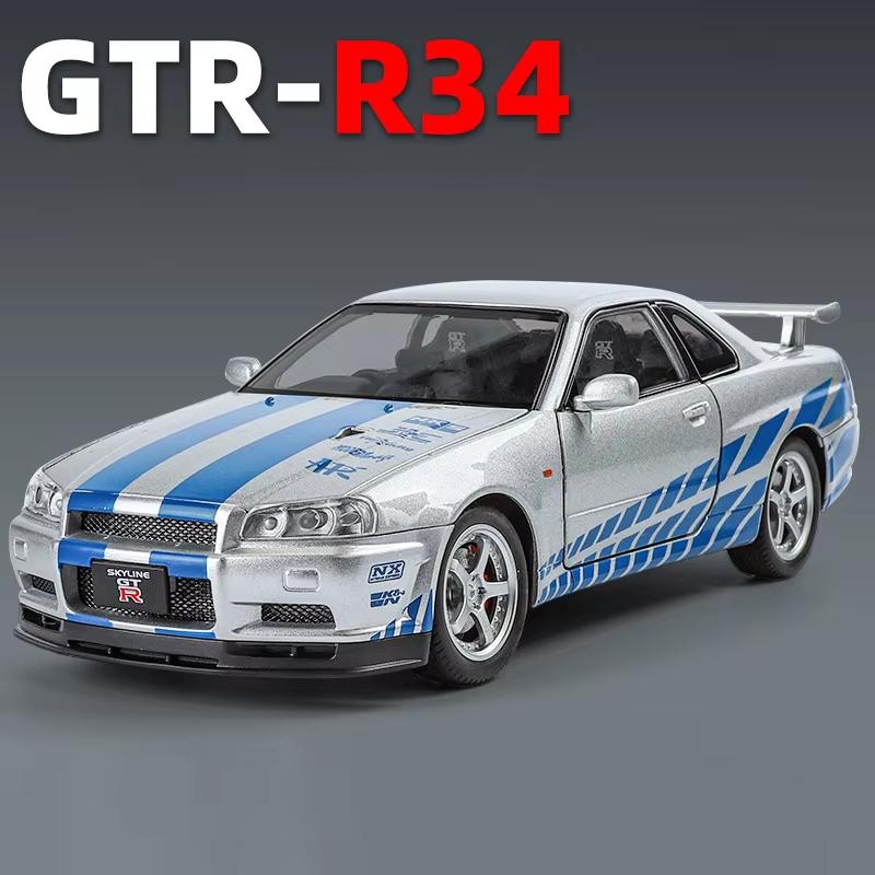 1:24 Полномасштабная модель автомобиля GTR R34 с четырьмя колесами, амортизирующим рулевым управлением, четырьмя дверями, литой под давлением, со звуком и светом, инерционная модель, игрушечный подарок для мальчика