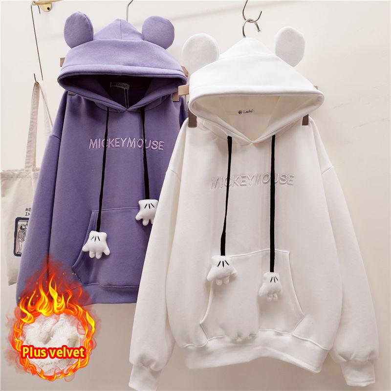 Autumn Winter Girls Hoodies Cute Bear Ears Printing Letter Long Sleeve Sweatshirt Children Fleece Thick Pullover Tops