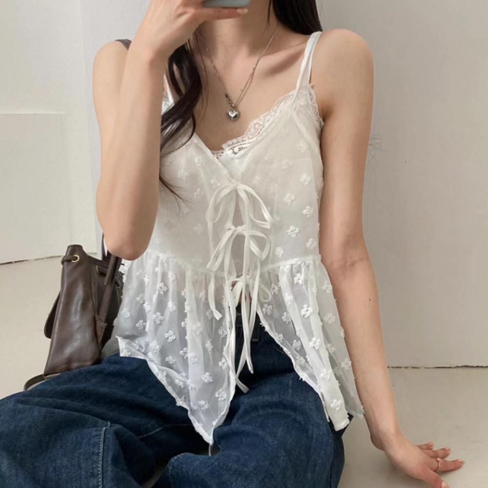French Lace Sling Elegant Mesh Tops Women Summer Fashion Stacked Design Loose Gauze Tanks Korea Vintage Outwear Camis 2024 New