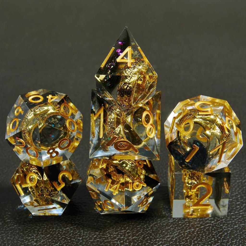 DND Dice Set Magic Rings Sharp Edge Resin Dice with Metal Box, Transparent Dice Handmade Lightning Polyhedral for RPG, MTG Dice Pathfinder Shadowrun