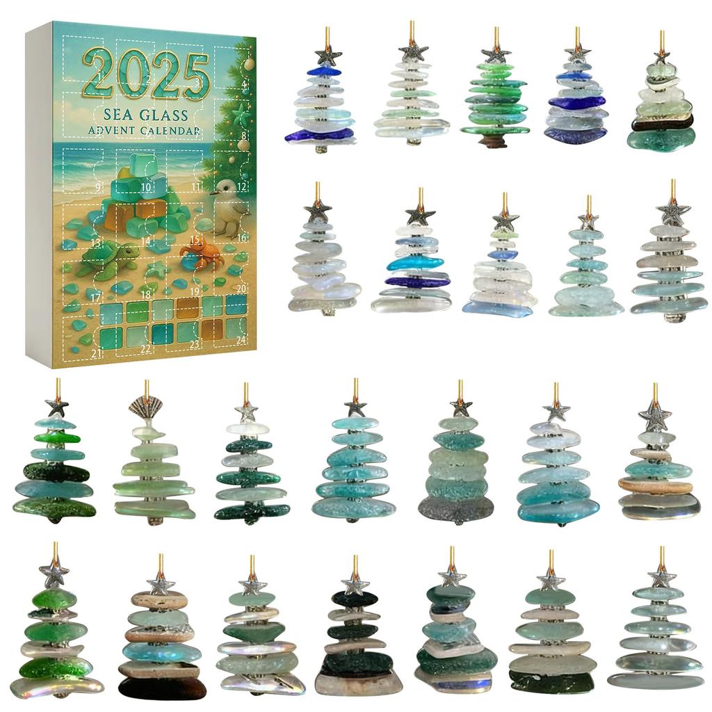 Sea Glass Christmas Tree Advent Calendar 2025 with 24 Mini Christmas Tree Ornaments Christmas Advent Calendar for Home Decor