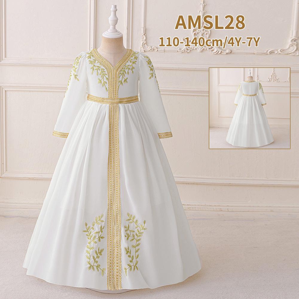 Вечернее платье из шифона с вышивкой и юбкой с лентами для девочек, с длинным рукавом