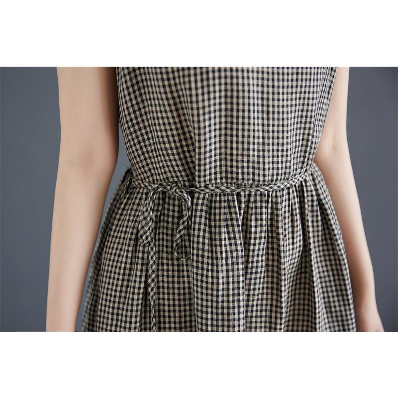 Vintage Plaid Tank Dress Crew Neck Sleeveless Base Dress Women's Long Summer Dress