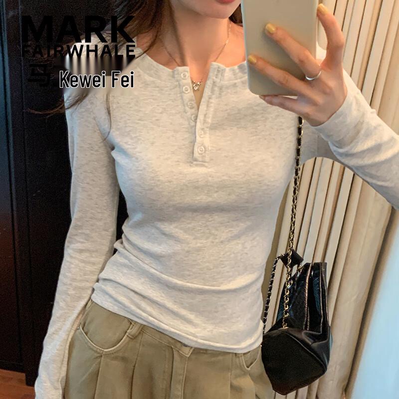 MARK FAIRWHALE Women's Slim Fit Crew Neck Long Sleeve T-Shirt with Button Details