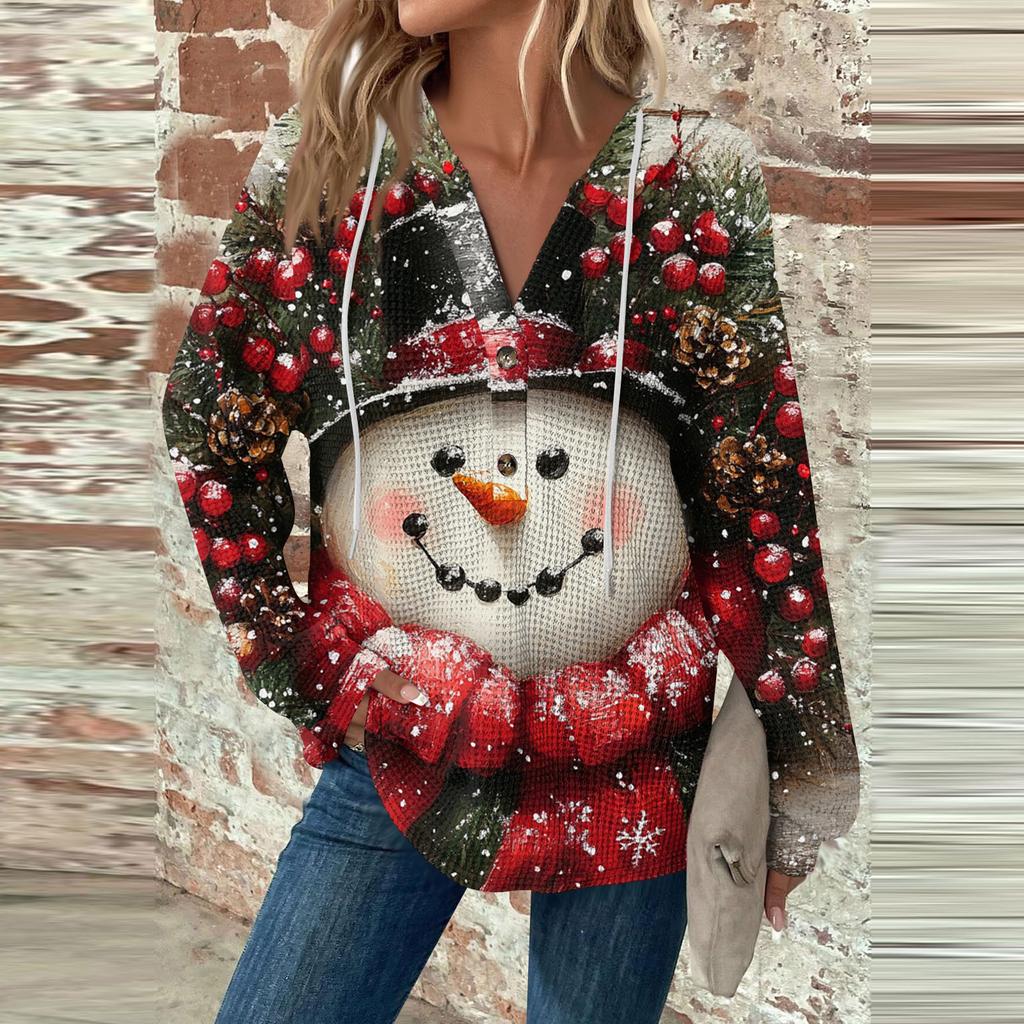 Женская мода с длинным рукавом, завязками на шнурке, капюшоном, пуговицами, V-образным вырезом, повседневная толстовка с капюшоном и рождественским принтом