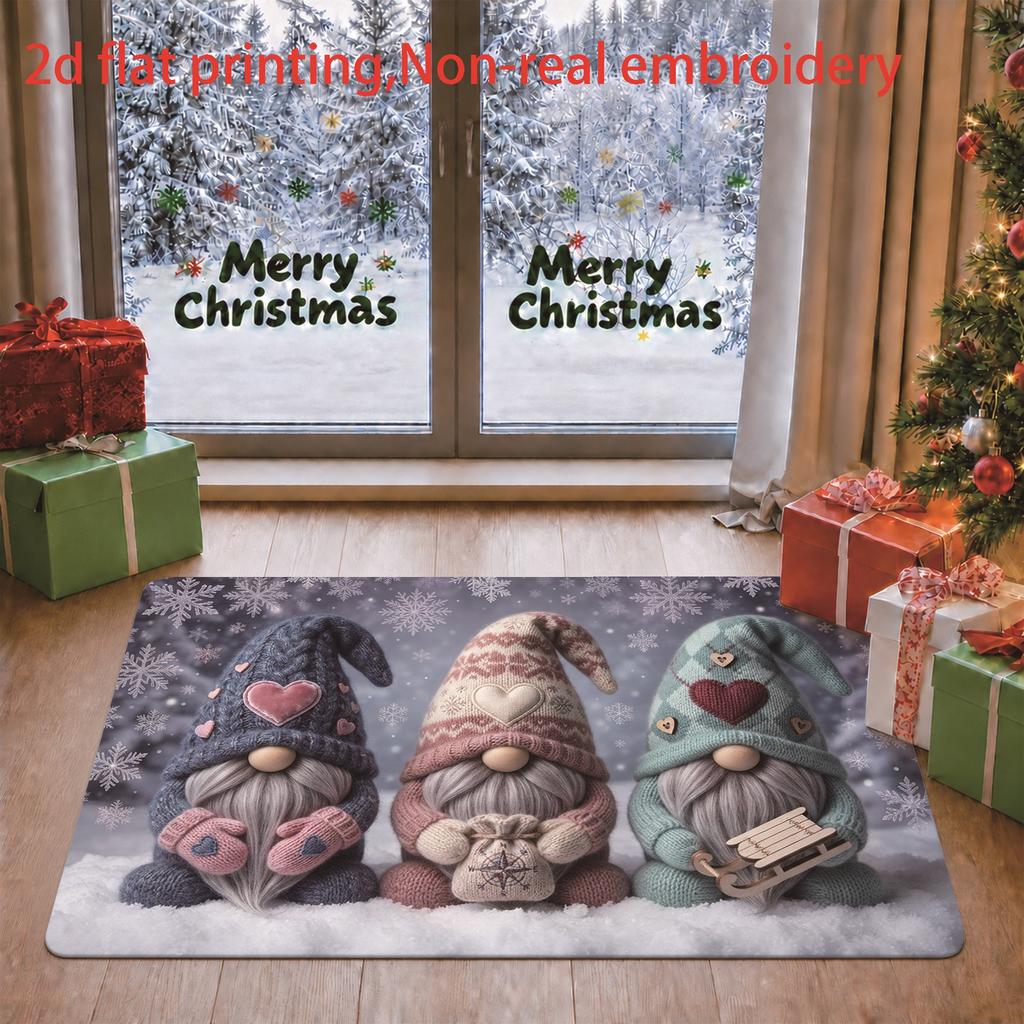 1pc, 2D Flat Printing, Christmas Faceless Gnome Snowflake Holiday Living Room Entrance Mat, Colorful And Non-Slip, Machine Washable Carpet, Suitable f