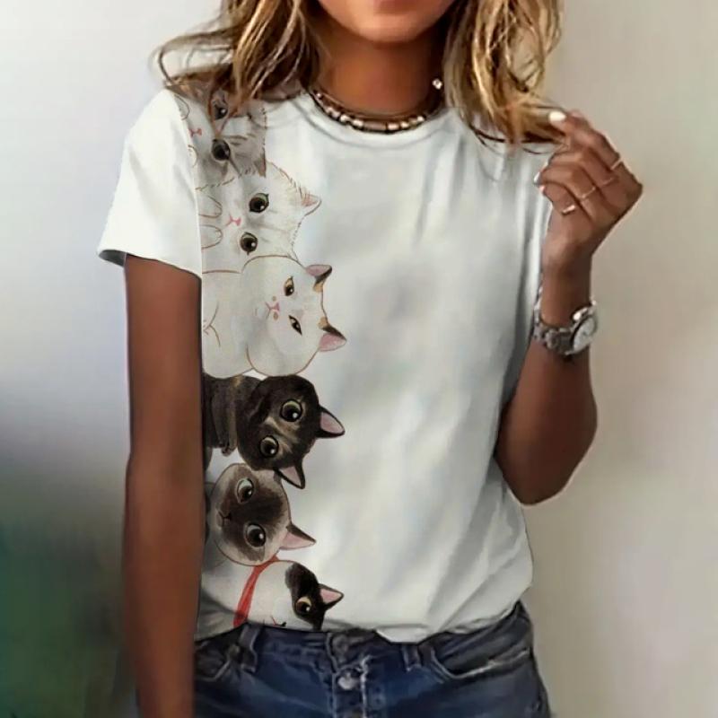 Women's T-shirt Cat Print Short Sleeve Summer Casual Wear Loose Top Fashion Round Neck Short Sleeve Women's Elegant T-shirt