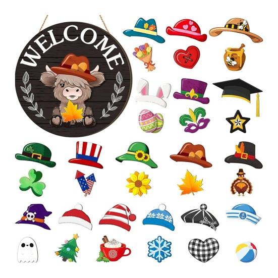 1 Set Interchangeable Wooden Welcome Sign with Seasonal Hat Accessories Gnome Highland Cow Hanging Front Door Sign Home Office Holiday Decoration