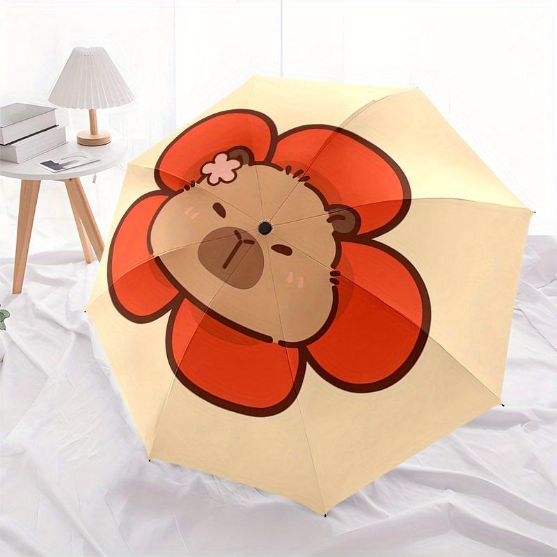 Capybara Automatic Folding Umbrella Simple 8 Rib Design, Bright Cartoon Pattern, Durable Iron Frame, Suitable For Travel, Outdoor, Beach C