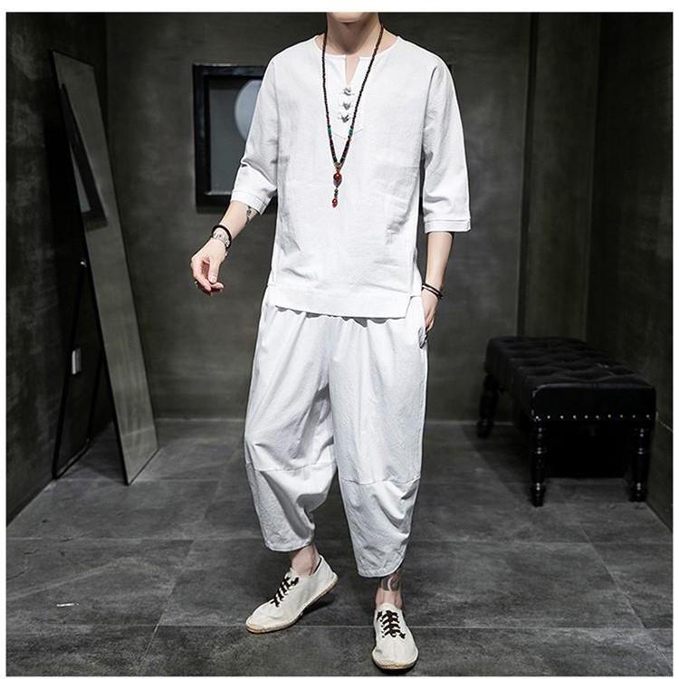 Men's Linen 7-point Short-sleeved T-shirt Two-piece Chinese Style Cotton and Linen Men's Clothing Plus Size