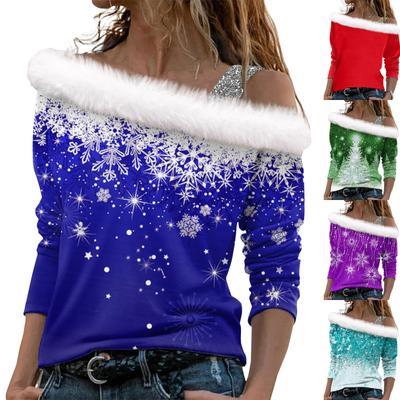 Женские топы с длинными рукавами. Модные женские свободные пуловеры с открытыми плечами с рождественским принтом.
