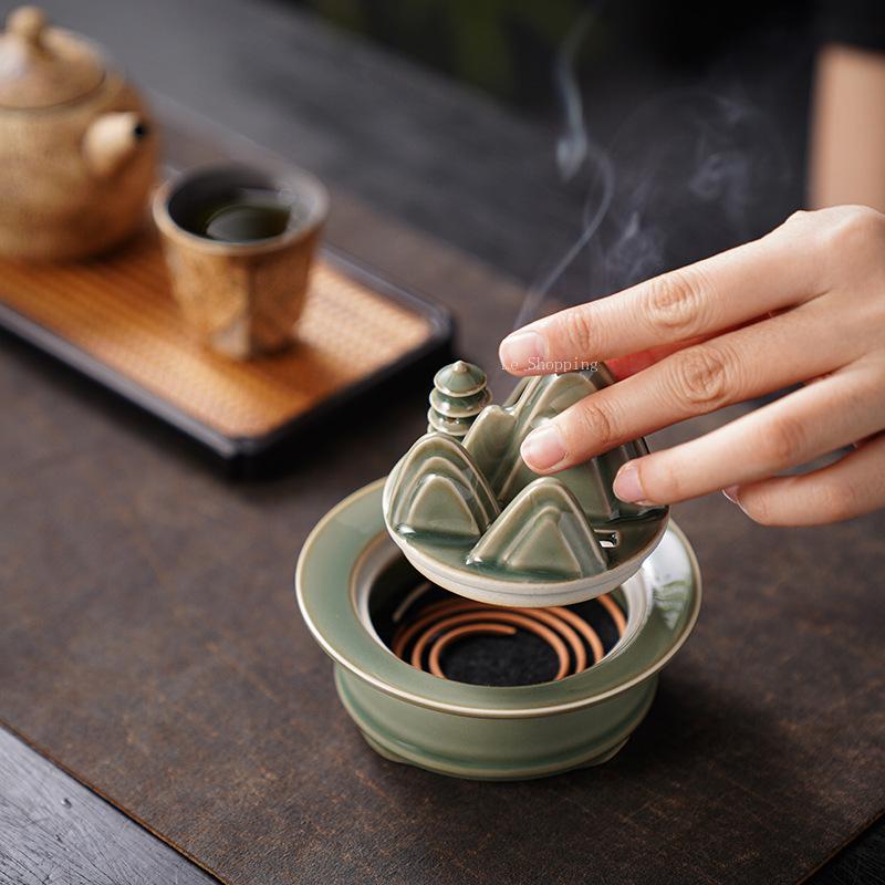 Zen Ceramic Green Mountain Incense Burner Temple Worship Household Indoor Censer Chinese-style Creative Tabletop Decoration