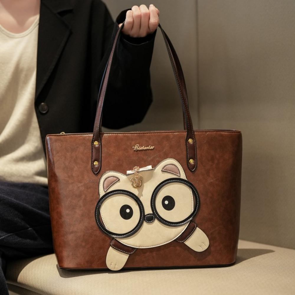 Women'S Large Capacity Red Tote Bag With Cute Panda Face Heart Cutouts Casual Outing Bridal Party Accessory Playful Design Fashion Handbag Lovers