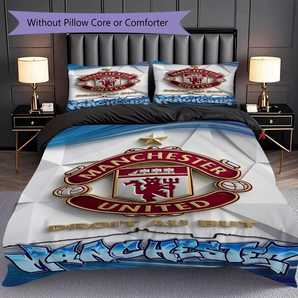 Manchester Emblem Display Bedding (1 * duvet cover + 2 * pillowcase, without core) 2D Flat Duvet cover and pillowcase Bedding set Soft and comfortable