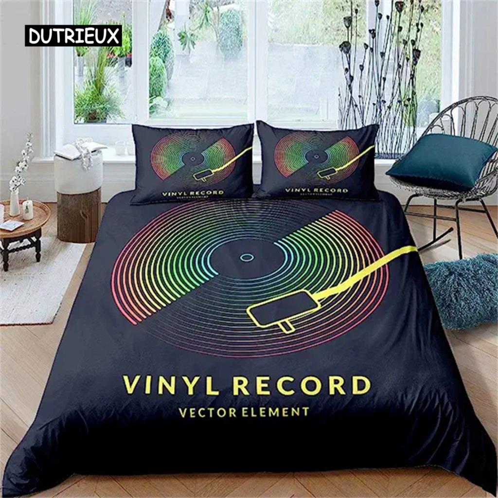 Комплект постельного белья с музыкальным принтом, винтажный блюзовый пододеяльник, гитарные пластинки старой школы, пододеяльник с 2 наволочками, украшение для комнаты размера «queen-size»