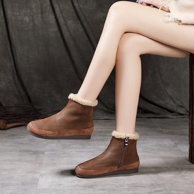 Новинка осени и зимы, теплые зимние ботинки из бархата из коровьей кожи первого слоя, женские, с круглым носком, на толстой бархатной плоской подошве