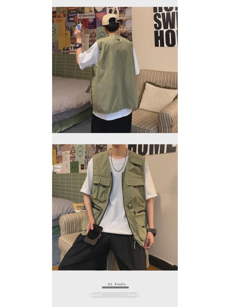 Men's Korean Style Multi-Pocket Workwear Vest - Trendy, Loose, and Sleeveless Summer Waistcoat