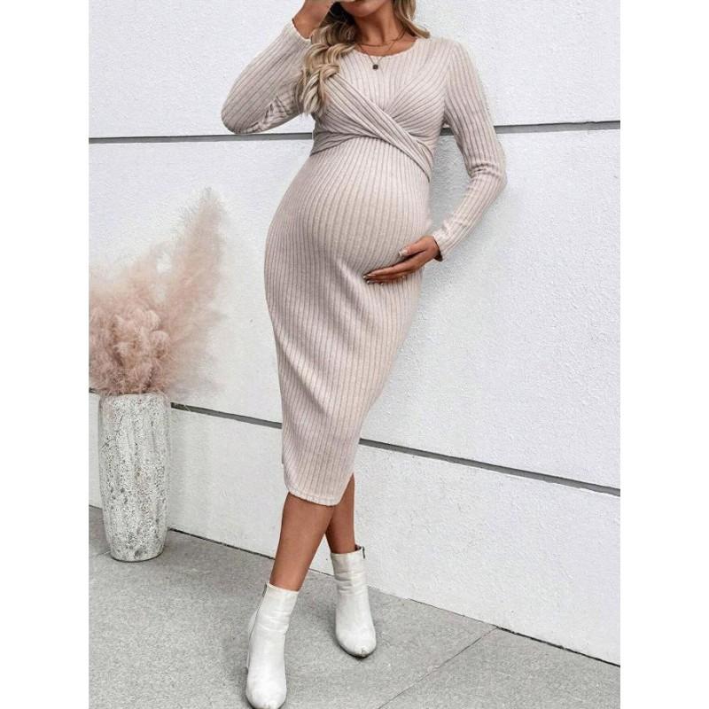 Maternity Long Sleeve Wrap Knot Dress Elegant Fitted Midi Pregnancy Comfort Style