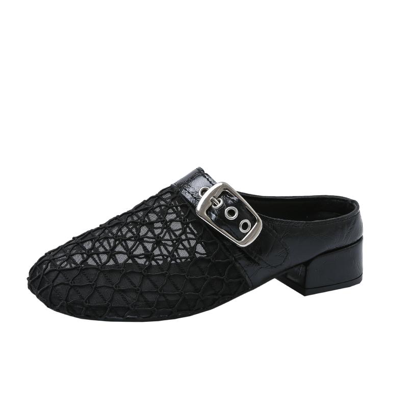 Мода Мода Баотоу Тапочки Лето Новые Круглый Носок Сетчатая Ткань Металлическая Пряжка Противоскользящие Износостойкие Обувь на Каблуке