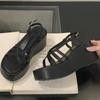 Fashion Silver Cross Tied Wedge Women Thick Heel Sandals 2025 Summer New Designer Open-toe Flat Roman Shoes Fashion Casual Office Sandal
