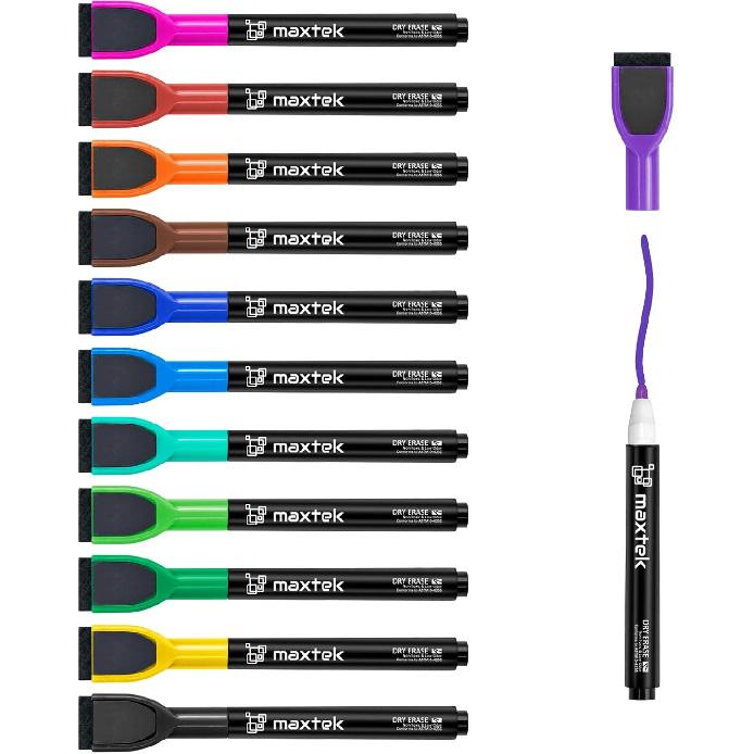 Maxtek Магнитные маркеры для белой доски - 12 шт., разноцветные, с тонким наконечником, для сухого стирания, для детей, с низким запахом, тонкие маркеры для досок-календарей