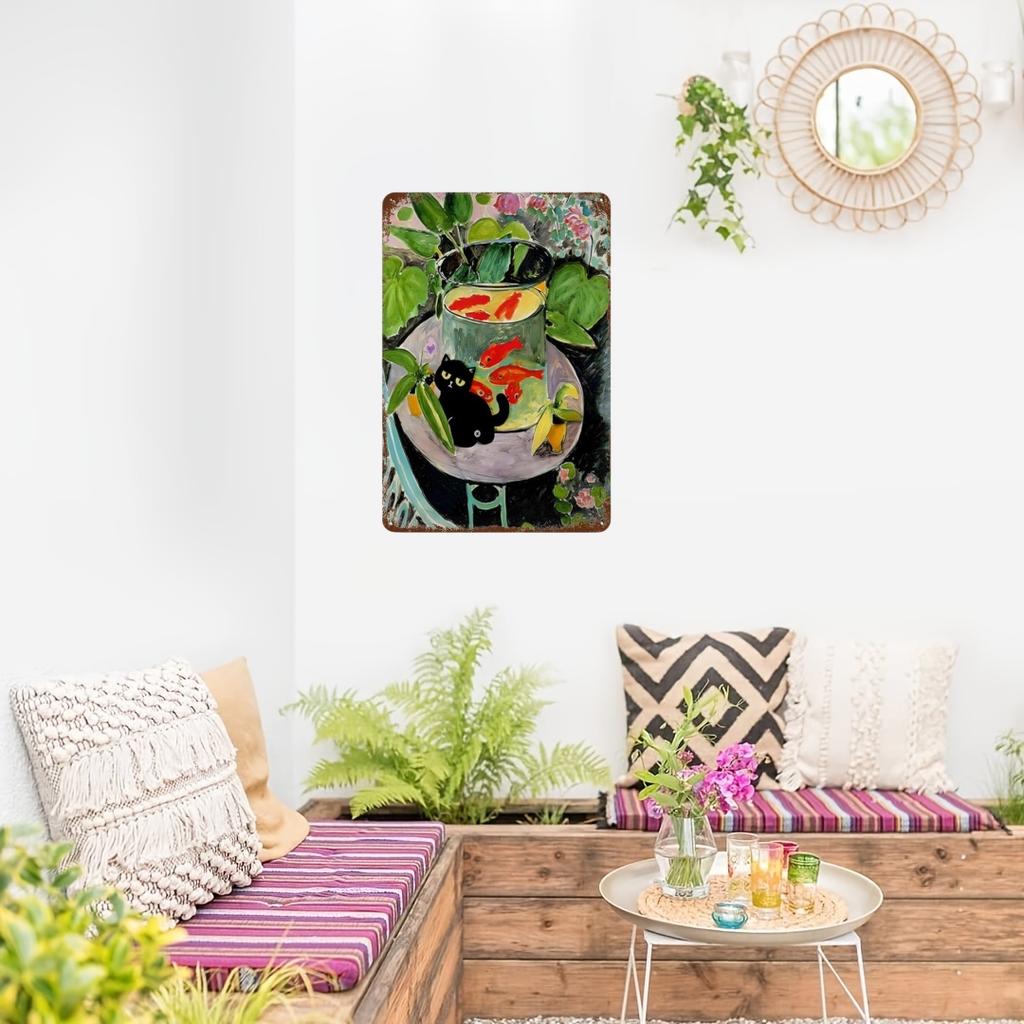 Знаменитая картина «Мона Лиза Звездная ночь» с забавным черным котом, постер, металлическая жестяная вывеска, табличка, настенное искусство, домашний декор для гостиной, спальни